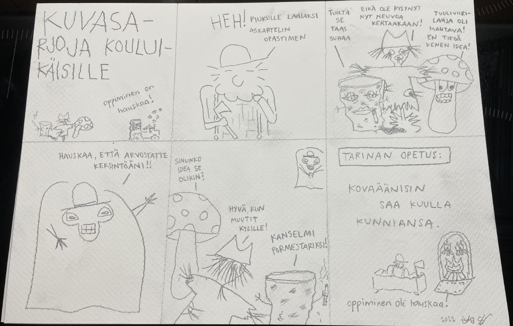 1. kuvasarjoja kouluikäisille, "oppiminen on hauskaa!" 2. "heh! piukulle lahjaksi askartelin opastimen" 3. "tuolta se taas suhaa", -"eikä ole kysynyt nyt neuvoa kertaakaan!", -"tuuliviirilahja oli mahtava! en tiedä kenen idea!" 4. "hauskaa, että arvostatte keksintöäni!!" 5. "sinunko idea se olikin?", -"hyvä, että muutit kylille!", -"kanselmi pormestariksi!" 6. tarinan opetus: kovaäänisin saa kuulla kunniansa, "oppiminen oli hauskaa!"