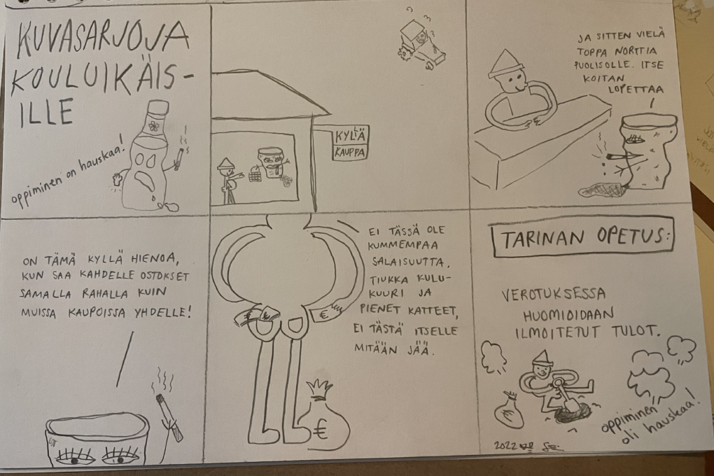 1. kuvasarjoja kouluikäisille, "oppiminen on hauskaa!" 2. kyläkauppa 3. "ja sitten vielä toppa norttia puolisolle. itse koitan lopettaa" 4. "on tämä kyllä hienoa, kun saa kahdelle ostokset samalla rahalla kuin muissa kaupoissa yhdelle!" 5. "ei tässä ole kummempaa salaisuutta. tiukka kulukuuri ja pienet katteet, ei tästä itselle mitään jää." 6. tarinan opetus: verotuksessa huomioidaan ilmoitetut tulot, "oppiminen oli hauskaa!" phototitle: "Kuvasarjoja kouluikäisille 11: Verotuksessa huomioidaan ilmoitetut tulot"